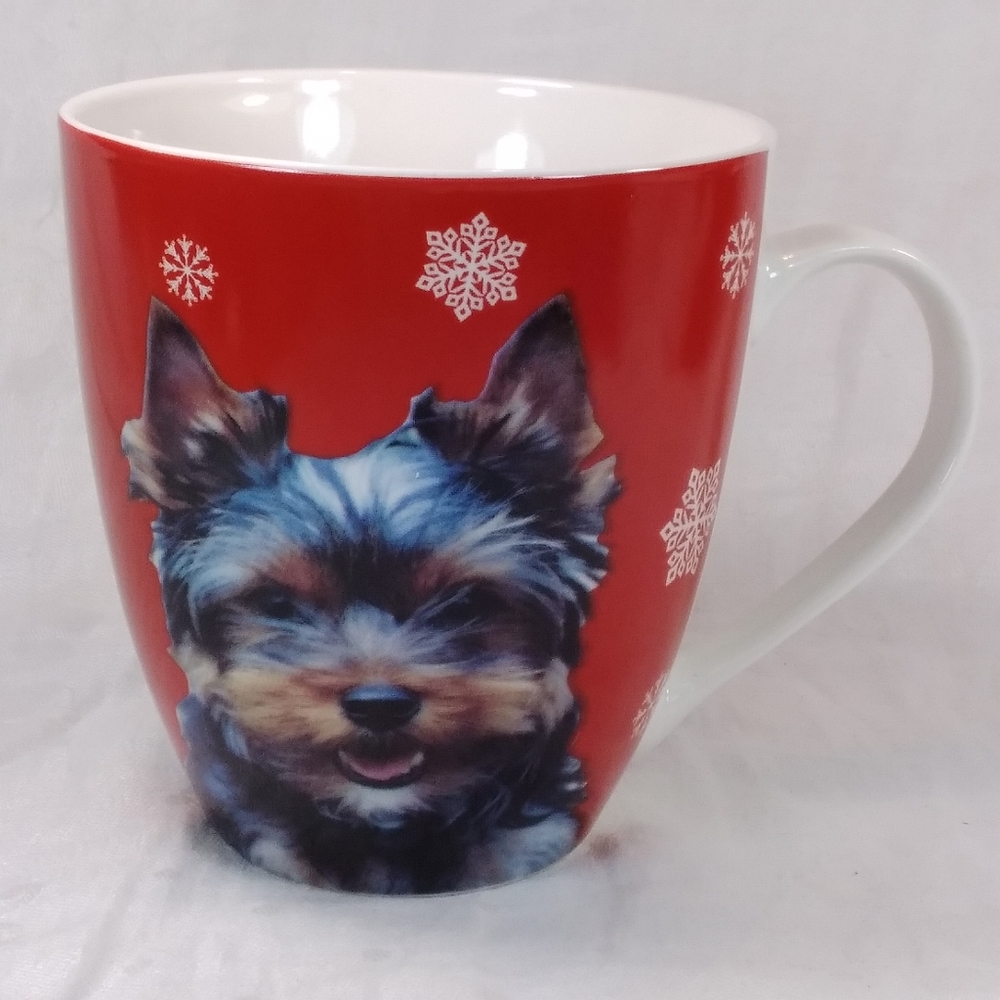 Pfaltzgraff Yorkshire Terrier Dog MUG Red with Yorkie Face 18 oz Cup Snowflakes